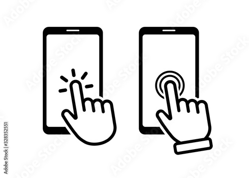 Hand touch screen smartphone icon. Click on the smartphone. Vector icon