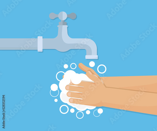 Hands under falling water out of tap. Man washes hands. Flat style