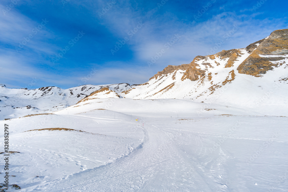 Winter landscape on the First mountain in Swiss Alps in Grindelwald ski resort, Switzerland Winter landscape on the First mountain in Swiss Alps in Grindelwald ski resort, Switzerland