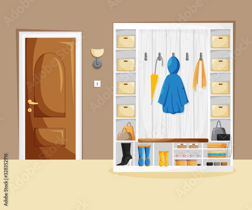 Vector interior of home hallway with wardrobe in cartoon style. Template of entrance of house with brown door, white furniture, lamp, clothes and accessories in minimalist style. Cozy home concept