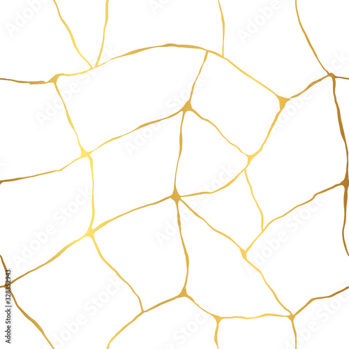 Vector seamless pattern of Kintsugi thin lines. Golden crackle on white background.