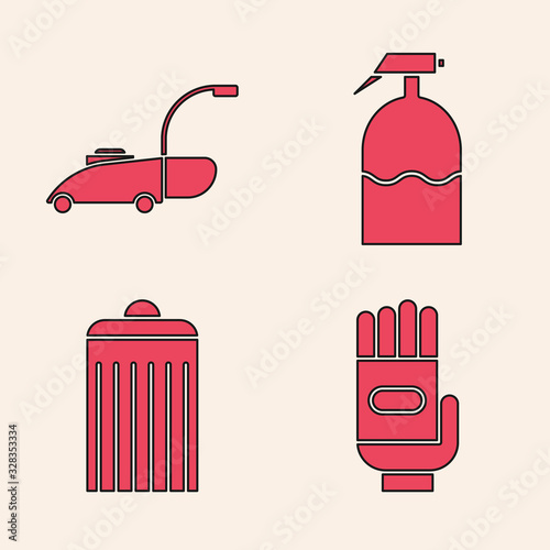 Set Garden gloves, Lawn mower, Garden sprayer and Trash can icon. Vector