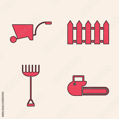 Set Chainsaw, Wheelbarrow, Garden fence wooden and Garden rake icon. Vector