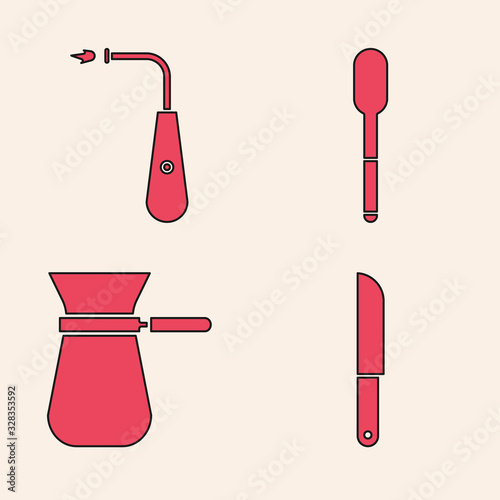 Set Knife, Long electric lighter, Spoon and Coffee turk icon. Vector