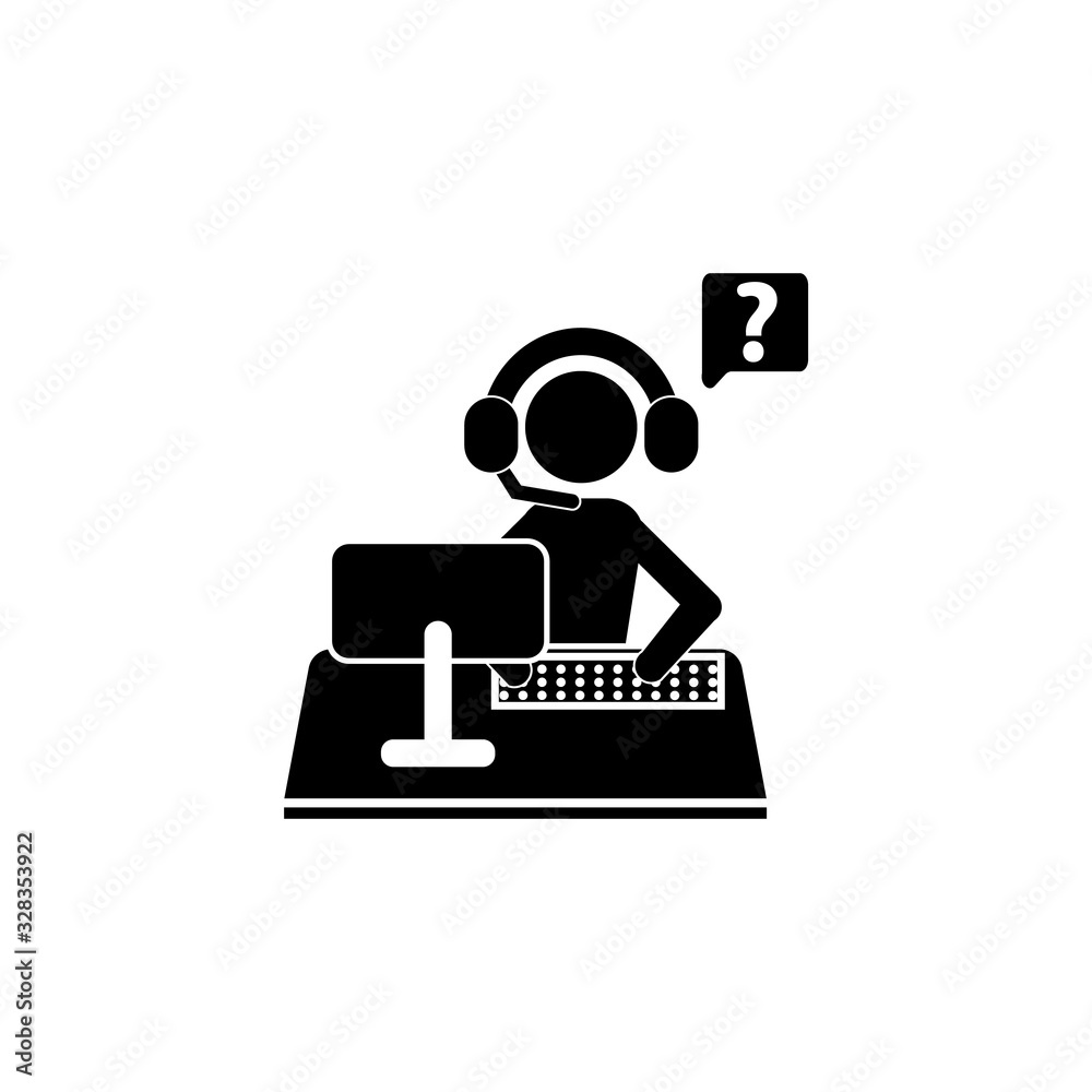 Call center operator at work. Schematic image of a person wearing headphones at a computer. A man receives an incoming call. Vector logo, icon, illustration. Call center operator at work. Schematic image of a person wearing headphones at a computer. A man receives an incoming call. Vector logo, icon, illustration.