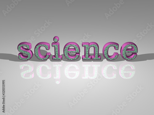 Colorful text of science rendered in 3D casting shadows, ideal image for conceptual display and graphical applications