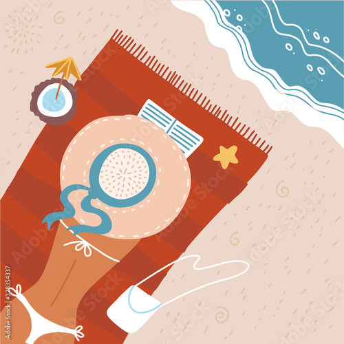 Top view Beach background with sunbather woman in hat on beach towel reading book. vacation travel, relaxation summer tourism, rest sea and sand, Vector flat illustration.