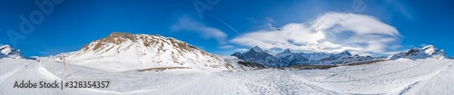 360 degree wide parnoramic view of snow covered Swiss Alps from First mountain in Grindelwald ski resort  Switzerland