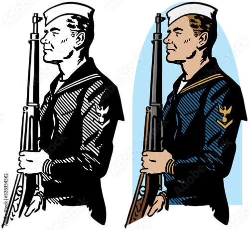 A drawing of an American World War II era navy officer standing at attention with a rifle. 