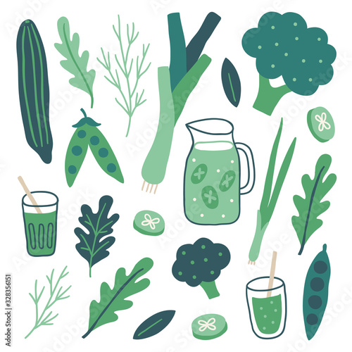 Set of vegetables - cucumber, green peas, broccoli, arugula, dill, onion