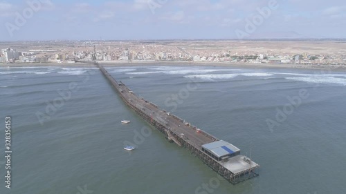 Aerial drone view move Pimentel at a sunny day in Chiclayo, Lambayeque Region, Peru
