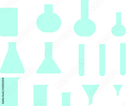 Set of chemical dishes. chemical glassware silhouettes  Conical and round-bottom flask, tall and short test tubes.  Laboratory experiment for experiment. Scientific set. Vector  illustration