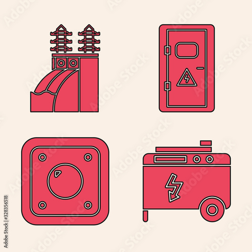 Set Portable power electric generator, Nuclear power plant, Electrical cabinet and Electric light switch icon. Vector