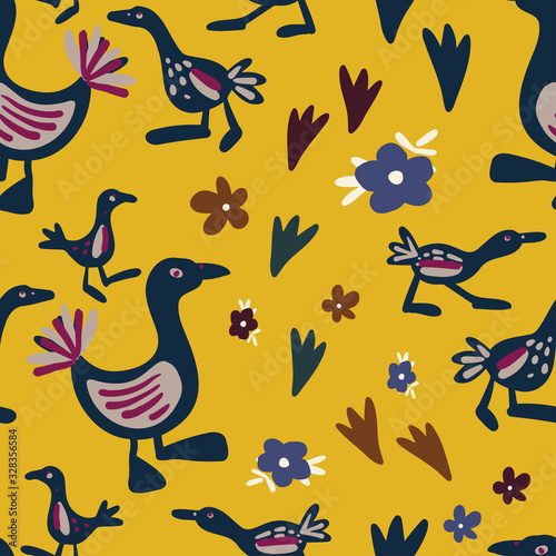 Seamless colourful vector pattern with decorative ornament with ducks and field flowers on a yellow background. Can be used for printing on paper  stickers  packages  bijouterie  cards  textiles. 