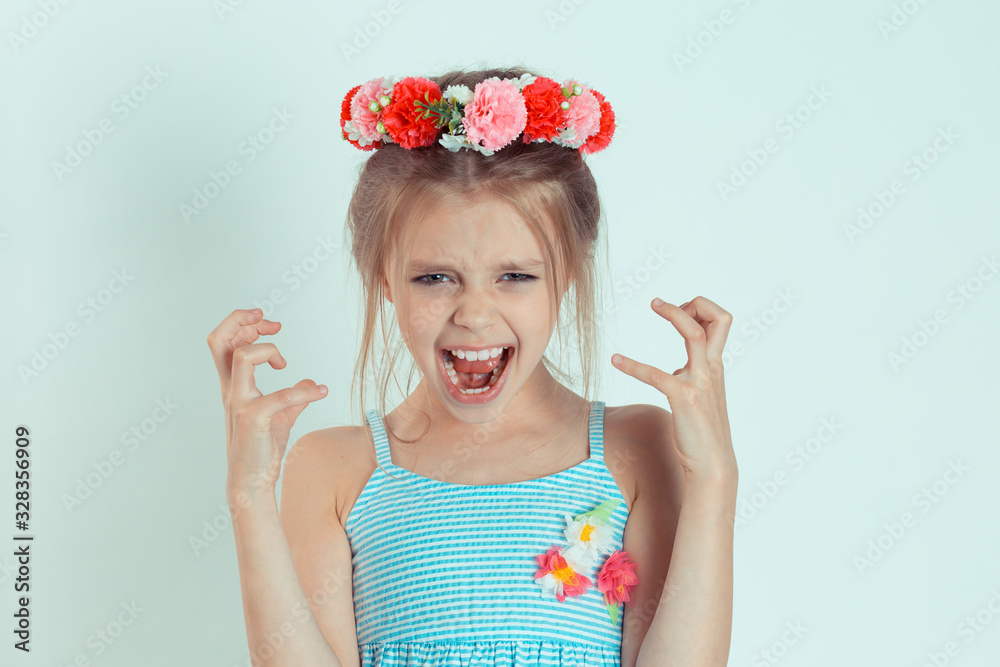 very angry girl screaming in horror, grimace portrait very angry girl screaming in horror, grimace portrait