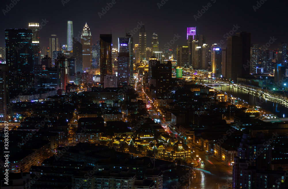 Tianjin city center night Heping District in China Tianjin city center night Heping District in China
