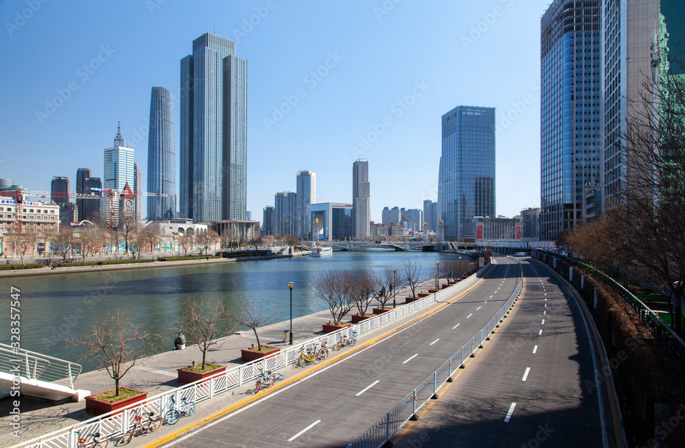 Chinese road on Tianjin Heping District embankment 