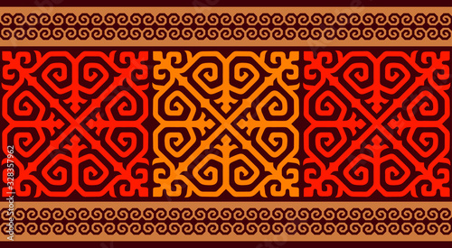 Kazakh carpet ornaments. Traditional patterns of Kazakhs. Background, texture, design life of nomads. Ancient Turkic ornaments. Art, customs and traditions of Kazakhstan. Decorative art of nomads
