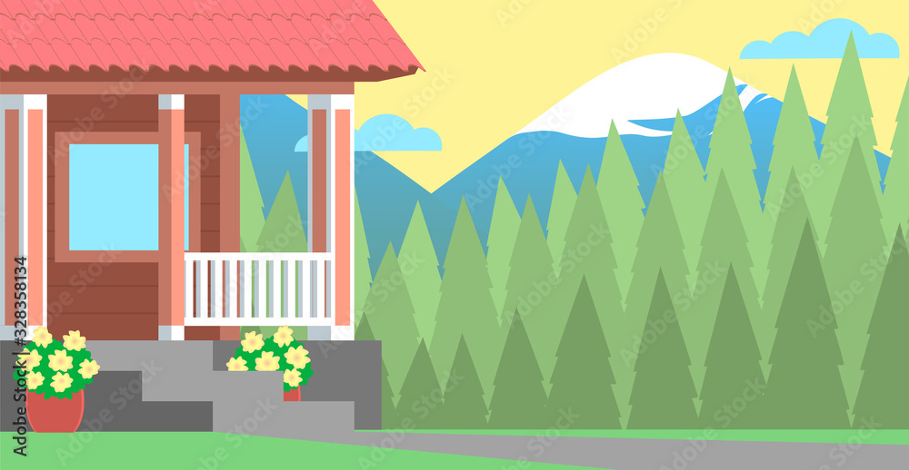 Porch of a rustic wooden house on a background of green forest and snowy mountains. Summer landscape. Vector illustration.