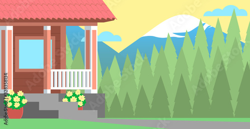 Porch of a rustic wooden house on a background of green forest and snowy mountains. Summer landscape. Vector illustration.