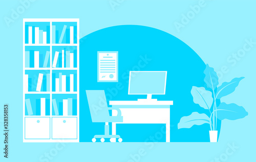 Medical office with a bookcase, desk, chair and computer. Vector illustration for background in blue tones.
