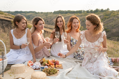 The company of gorgeous female friends having fun  drink wine  and enjoy hills landscape picnic