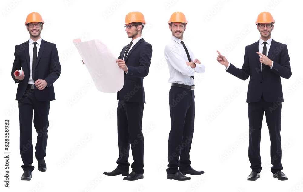 panoramic photo collage of architect expert isolated on white panoramic photo collage of architect expert isolated on white
