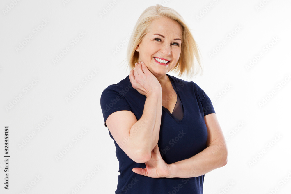 Beauty Middle Age Woman. Beautiful Young Female touching Her Skin. Portrait isolated on White Background. Healthcare. Perfect Skin. Beauty Middle-Aged Face.