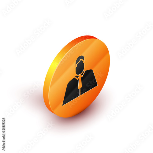 Isometric Lawyer, attorney, jurist icon isolated on white background. Jurisprudence, law or court icon. Orange circle button. Vector Illustration
