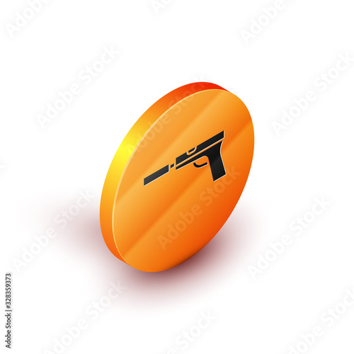 Isometric Pistol or gun with silencer icon isolated on white background. Orange circle button. Vector Illustration