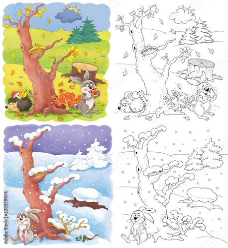 Four seasons. Spring  summer  autun and winter in the forest. Coloring page. Illustration for children. Cute and funny cartoon characters