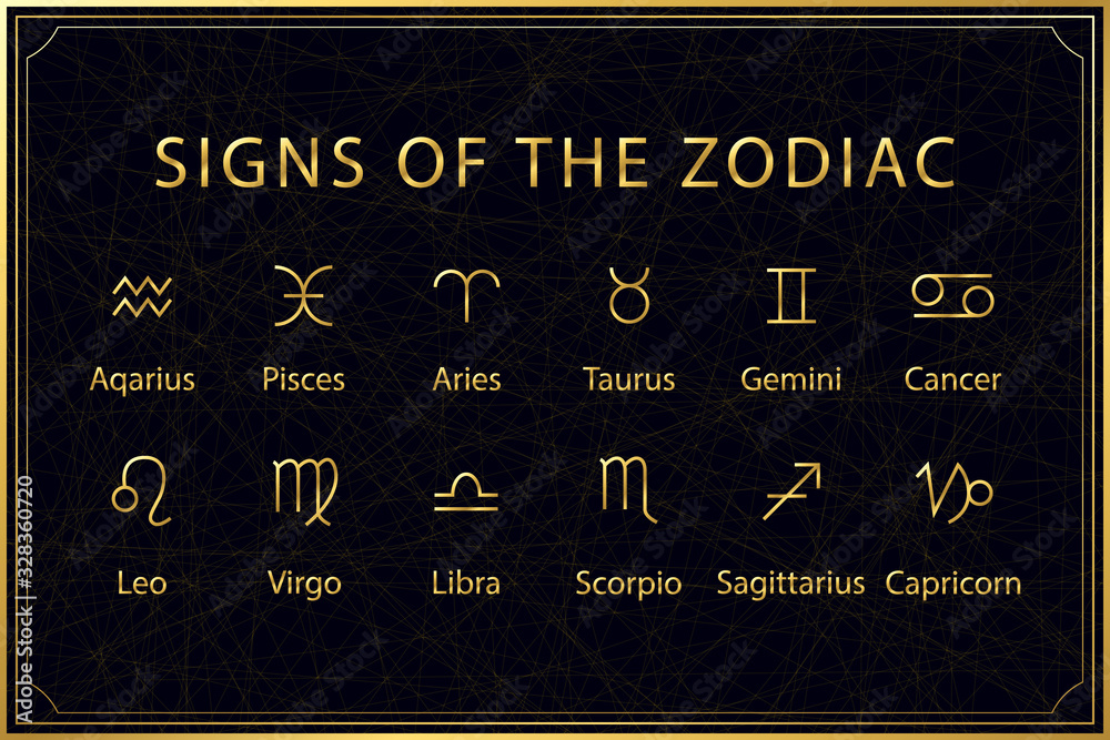 Golden signs of zodiac on dark background. Sacred geometry. Vector illustration. Golden signs of zodiac on dark background. Sacred geometry. Vector illustration.