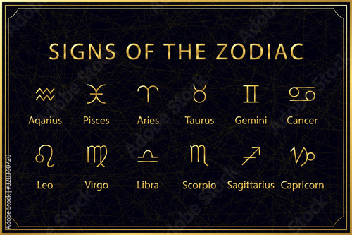 Golden signs of zodiac on dark background. Sacred geometry. Vector illustration.