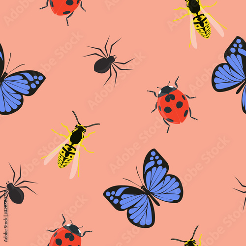 Pink Seamles Pattern Background Wallpaper with Different Insects: Wasps, Laybugs, Spiders and Butterflies © Eduardo