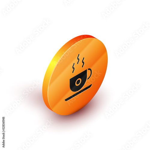 Isometric Coffee cup icon isolated on white background. Tea cup. Hot drink coffee. Orange circle button. Vector Illustration