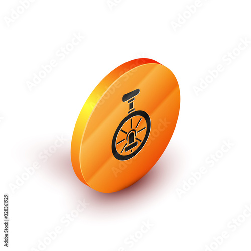 Isometric Unicycle or one wheel bicycle icon isolated on white background. Monowheel bicycle. Orange circle button. Vector Illustration