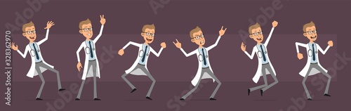 Cartoon cute funny doctor with stethoscope in white uniform. Rock and roll scientist jumping and dancing. Ready for animations. Isolated on violet background. Big vector icon set.