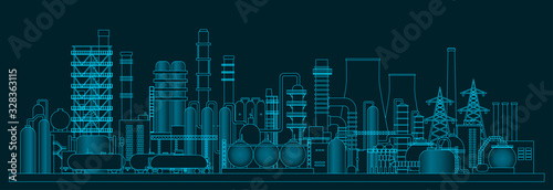 Іndustrial panorama view. Vector illustration of abstract manufacturing landscape. Dark blue background