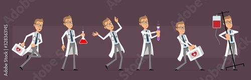 Cartoon cute funny doctor with stethoscope in white uniform. Smart scientist with flask, first aid kit and drop counter. Ready for animations. Isolated on violet background. Big vector icon set.