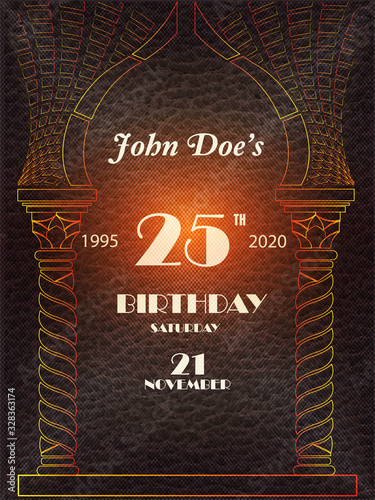 Anniversary annual Framed golden-colored poster with geometric elements isolated on red grunge background. Luxury vector Template Logo EPS 10 for celebration, invitation.