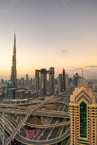 sunrise over Dubai Downtown skyline 