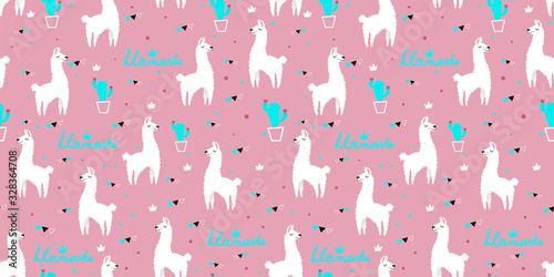 Lovely llamas, cute hipster pattern for children's cloth with lamas and crowns. Linear style, cartoon character llama birthday card, baby shower design pink background.