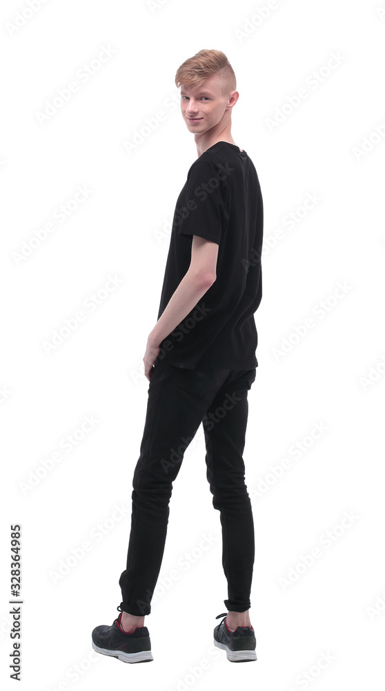 rear view. casual student guy looking at blank screen rear view. casual student guy looking at blank screen