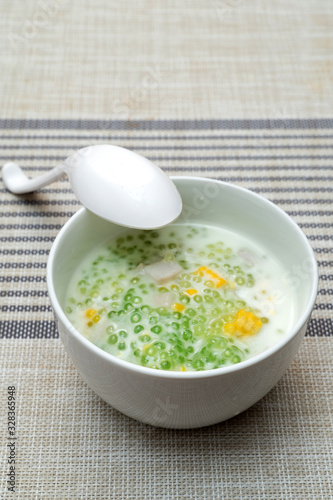 tapioca pearls, taro and corn  in coconut milk  - Thai dessert photo