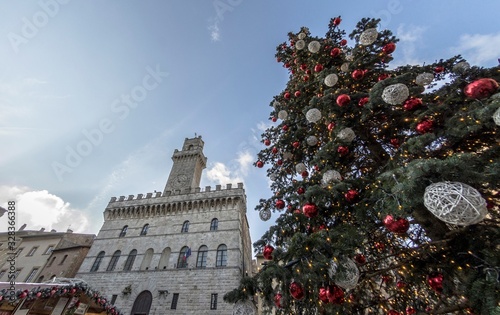 Photography View of the square of Montepulciano with the town hall and Christmas tree
