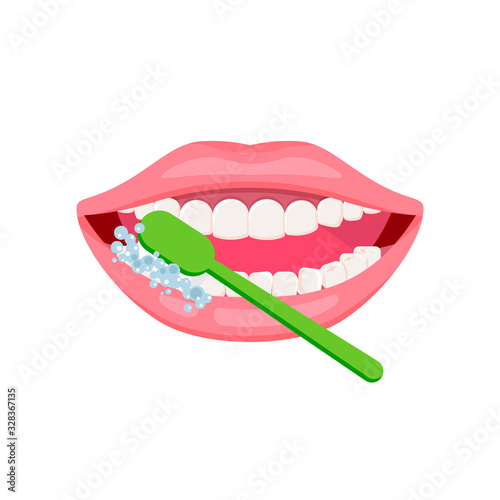 Teeth cleaning and oral hygiene concept. Open mouth with green toothbrush. Vector icon about dental care, how to brush teeth.