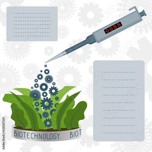 Scientific experiment in biotechnology. The introduction of gene modifications into plants. Electronic dispenser with additives. Place for text.