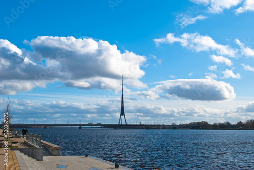 embankment in the city of Riga with a view of the TV tower © fotofotofoto