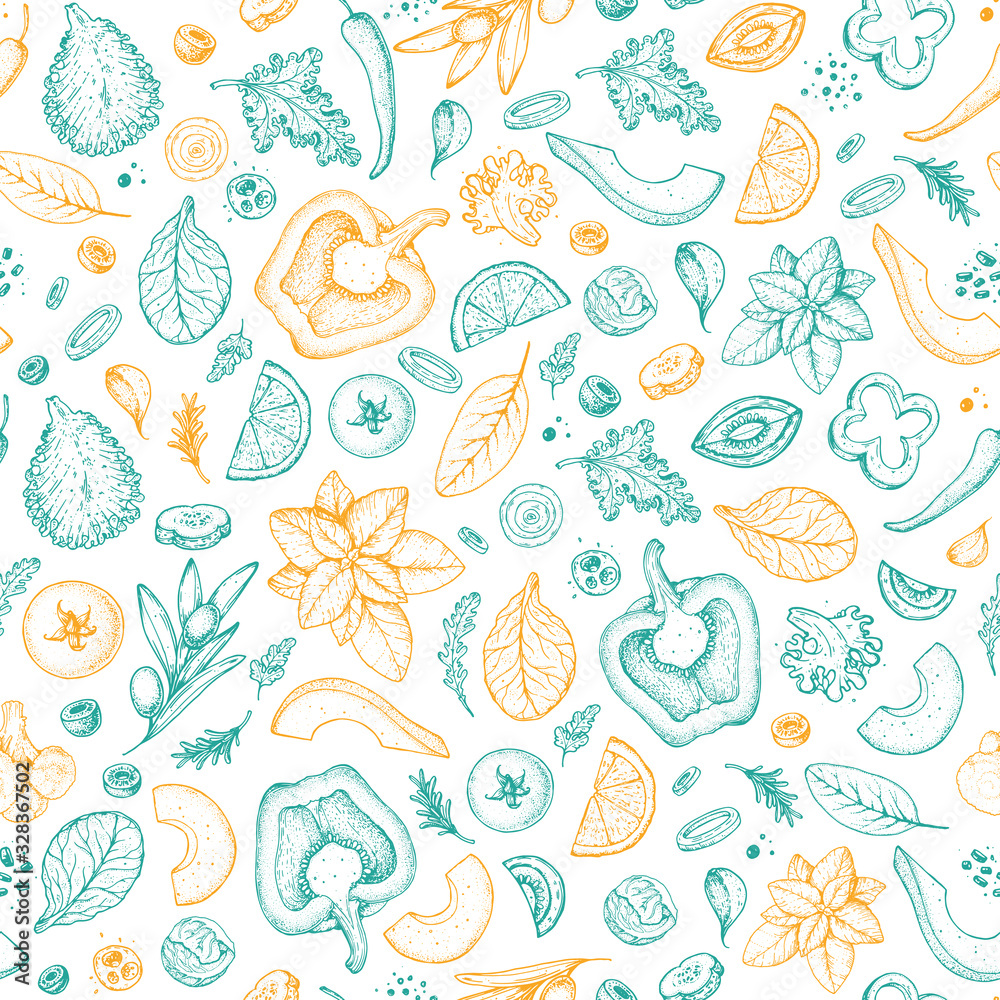 Doodle vegetables seamless pattern. Salad background. Vegan food. Hand drawn sketch. Packaging design template.