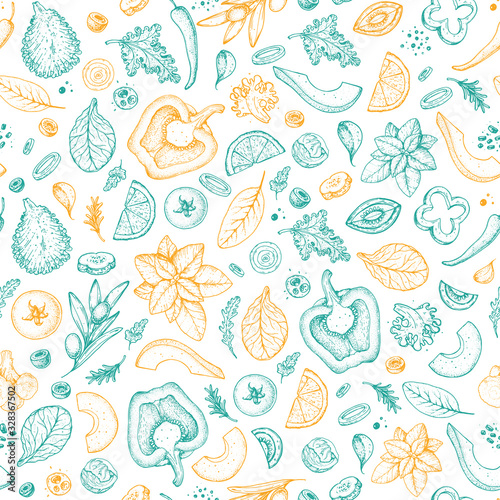 Doodle vegetables seamless pattern. Salad background. Vegan food. Hand drawn sketch. Packaging design template.